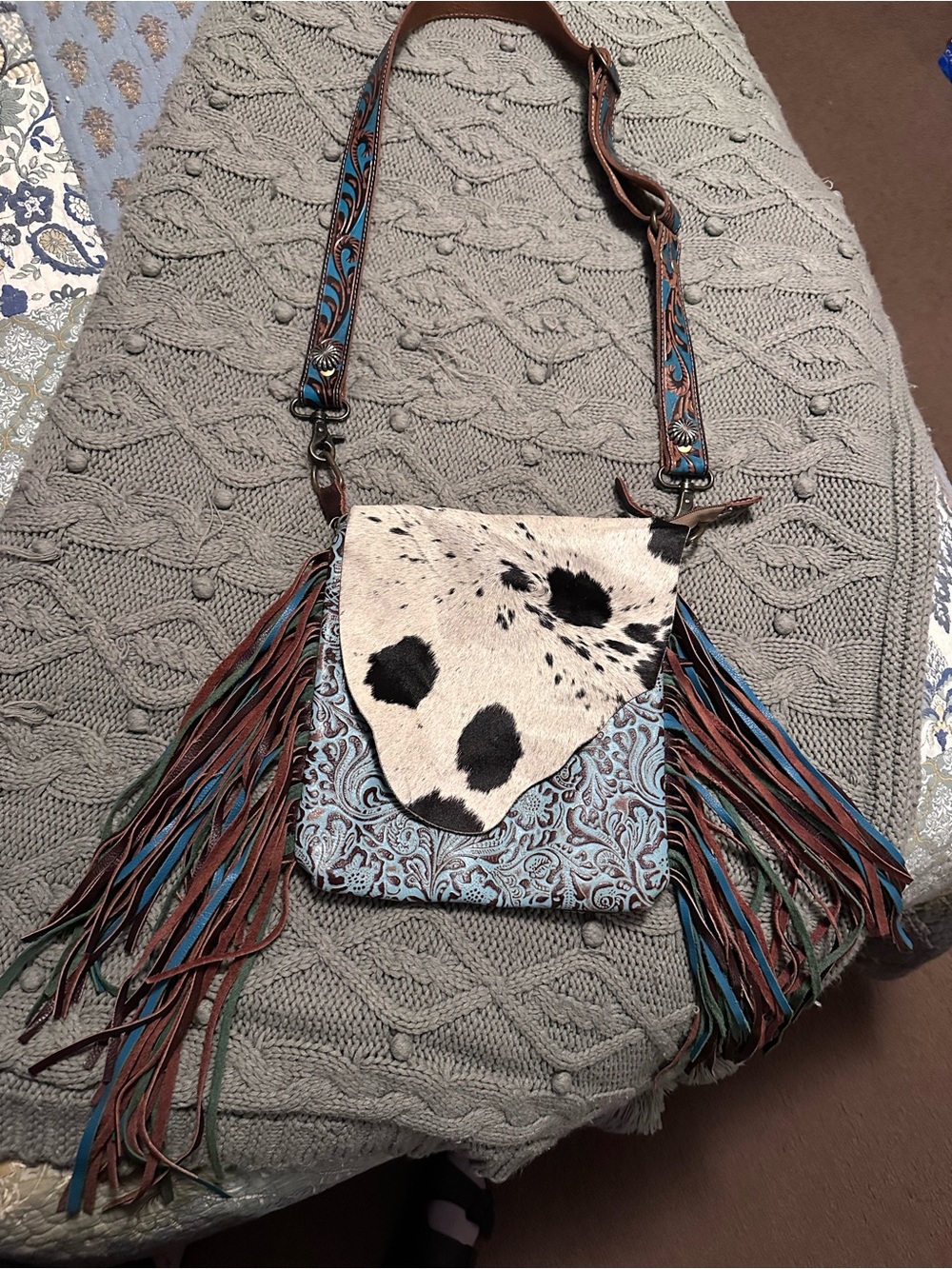 Myra Bag Blue Turquoise Brown Leather Fringe Crossbody with Cowhide Flap